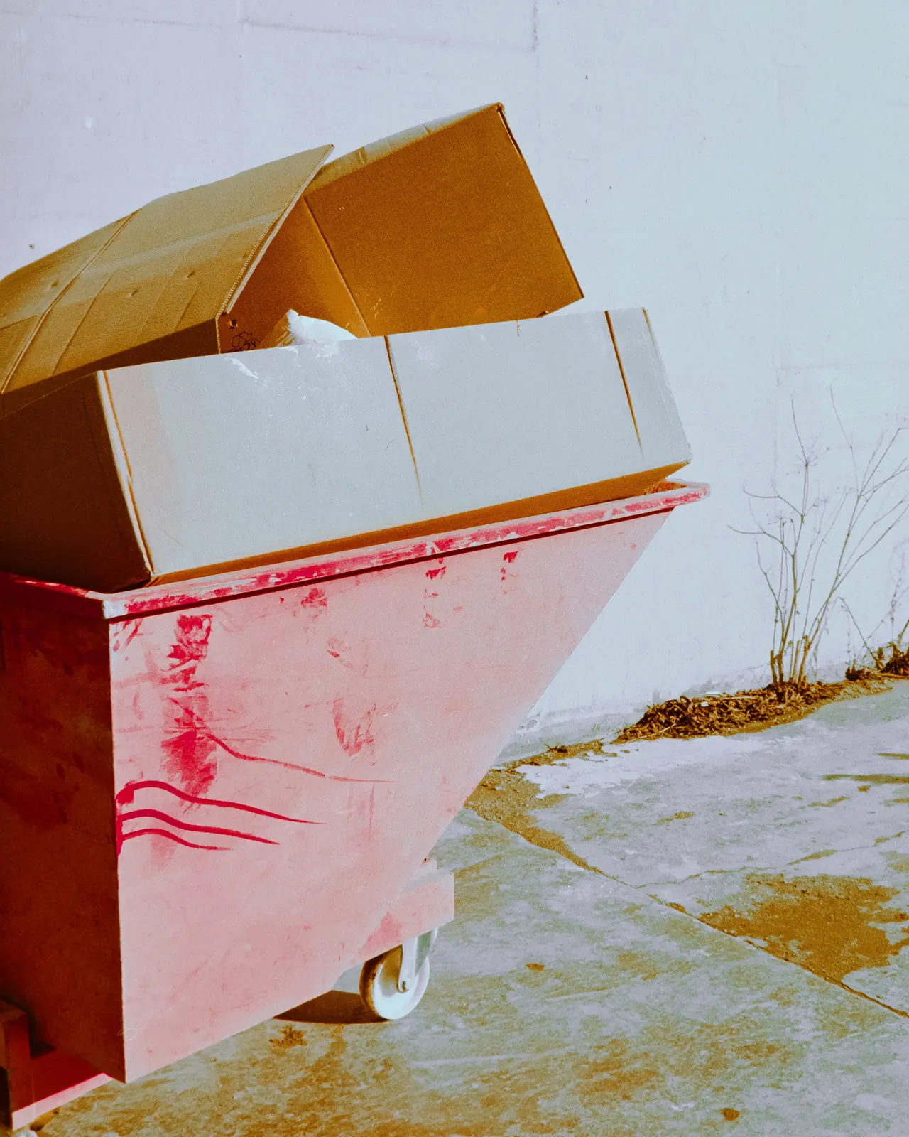 A red skip filled with flattened cardboard